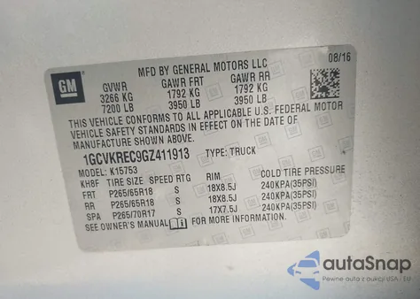 2016 Chevrolet Silverado 1500 2Lt from USA, damaged, VIN 1GCVKREC9GZ411913